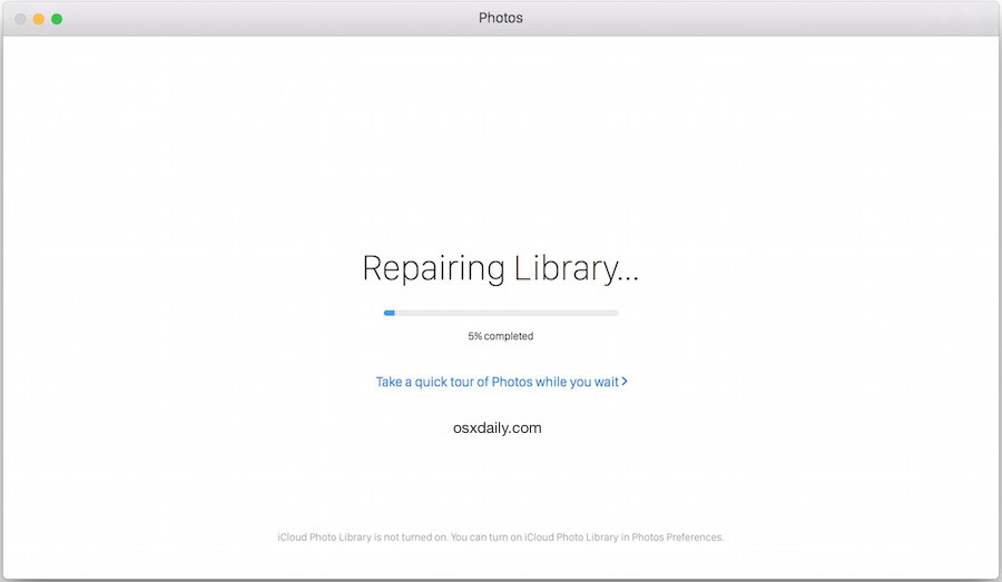 Восстановление библиотеки фотографий в индикаторе прогресса Mac OS X