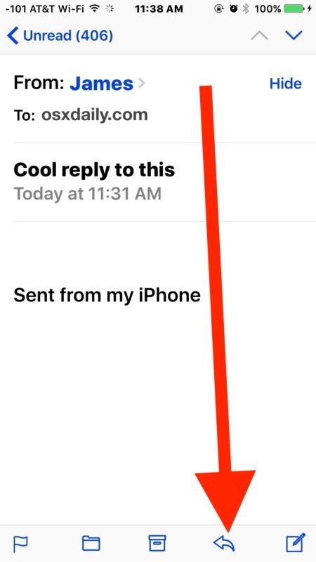 Нажмите кнопку «Ответить», чтобы ответить на электронную почту в iOS.
