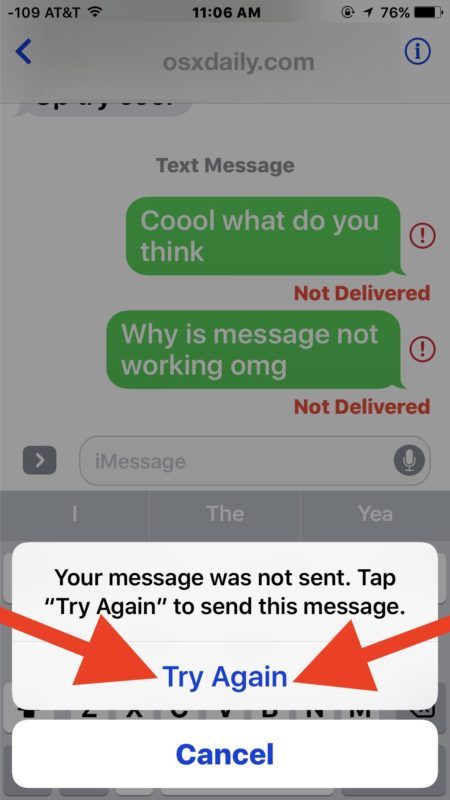 Повторная отправка сообщения «Не отправлено» на iPhone
