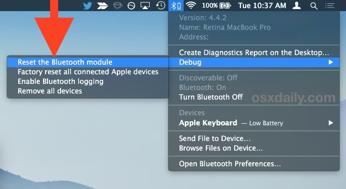 Сбросить модуль Bluetooth в Mac OS X