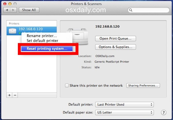 Сброс системы печати в Mac OS X