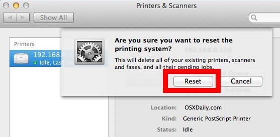 Сбросьте систему печати в OS X и удалите все принтеры и их задания