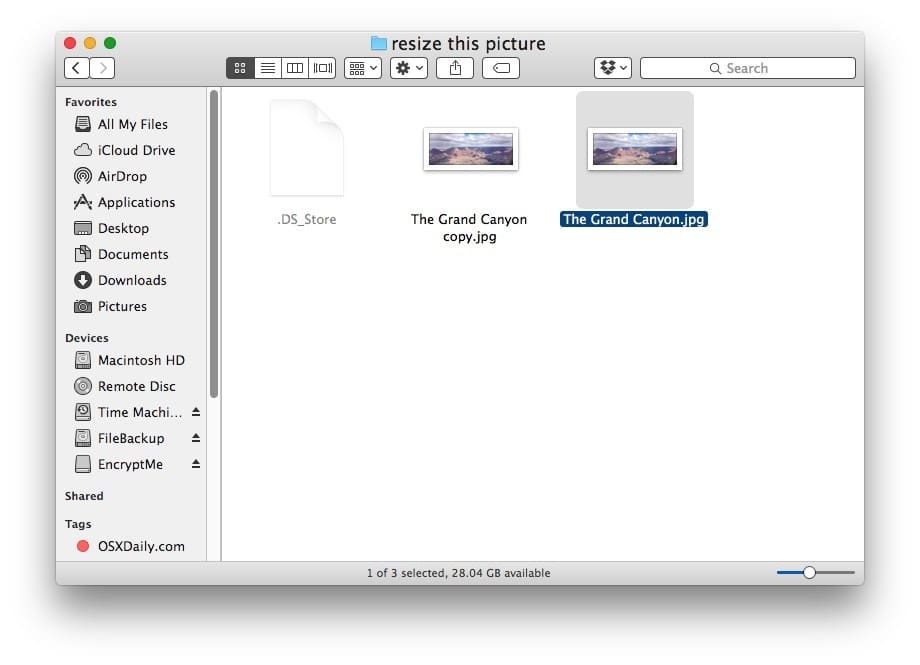 Найти изображение для изменения размера в Mac Finder