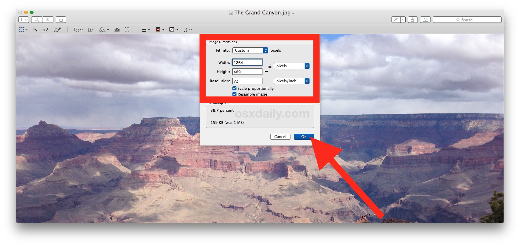 Отрегулируйте размеры изображения, чтобы изменить размер фотографии в Mac Preview