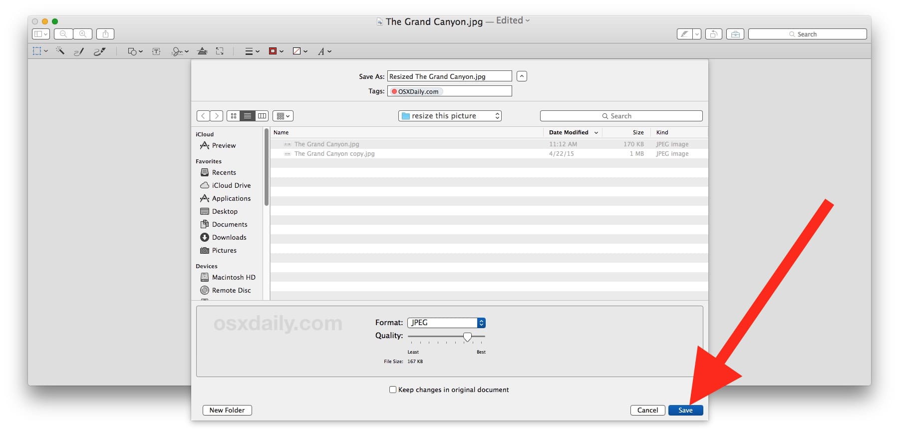 Сохранить Как измененное изображение для создания нового файла с измененным размером изображения на Mac