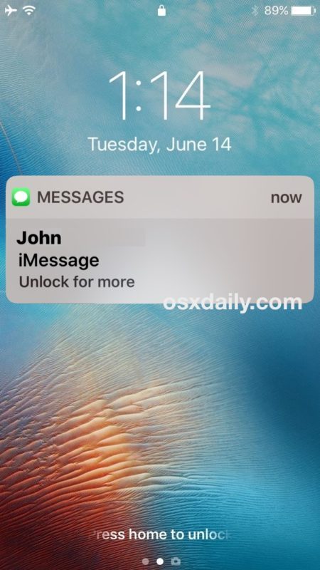 Заблокированный экран показывает скрытый просмотр сообщения на iOS