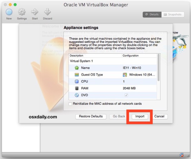 Импортировать виртуальную машину Microsoft Edge в VirtualBox