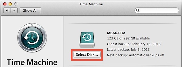 Выберите новый диск Time Machine