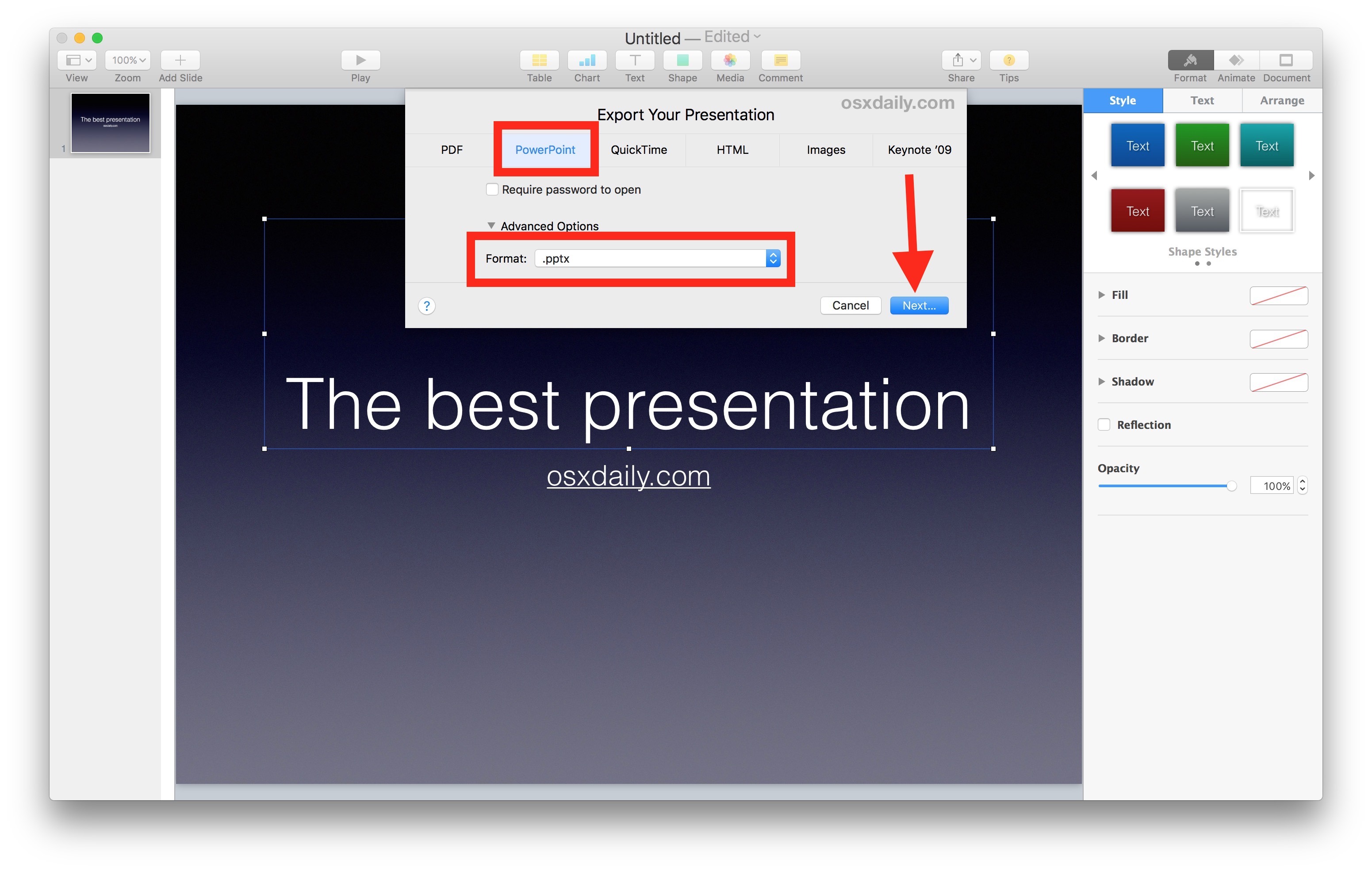 Сохраните файл Keynote в качестве Powerpoint на Mac