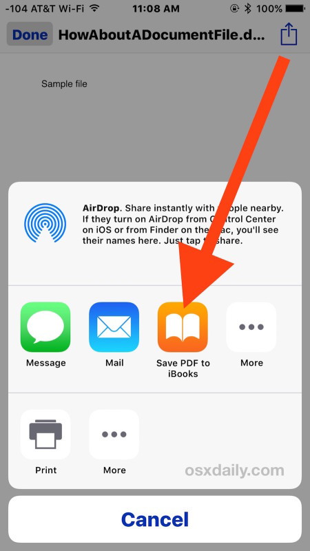 Сохраните вложение из Mail в iBooks на iPhone