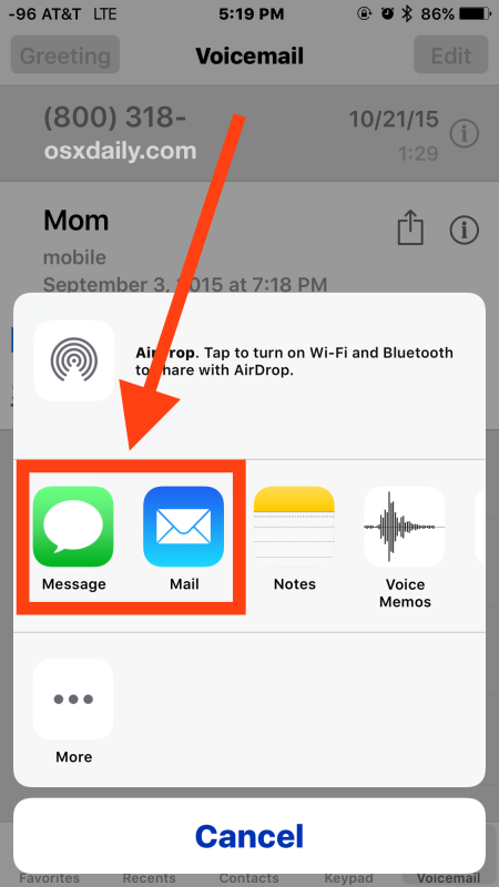 Поделитесь голосовой почтой через сообщения или электронную почту с iPhone