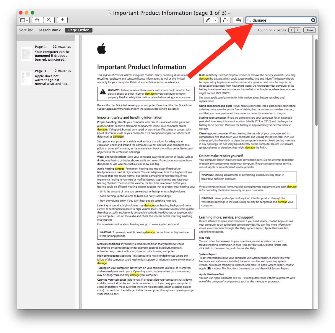 Поле поиска в режиме предварительного просмотра для поиска PDF на Mac
