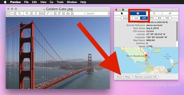 Найти местоположение изображения в GPS> Показать на картах» width=»620″ height=»321″ class=»aligncenter size-full wp-image-50277″ srcset=»images/how-to-see-the-exact-location-where-a-photo-was-taken-with-a-mac_2.jpg 620w, http://cdn.osxdaily.com/wp-content/uploads/2015/03/show-picture-location-in-maps-mac-300×155.jpg 300w, http://cdn.osxdaily.com/wp-content/uploads/2015/03/show-picture-location-in-maps-mac-610×316.jpg 610w» sizes=»(max-width: 620px) 100vw, 620px»></p>
<p align=