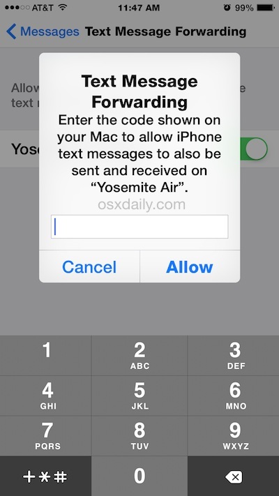 Подтвердить текстовое SMS-сообщение для отправки и получения текстовых сообщений с Mac через iPhone
