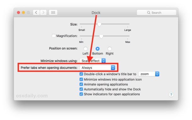 Устанавливать предпочтительные вкладки всегда для приложений Mac