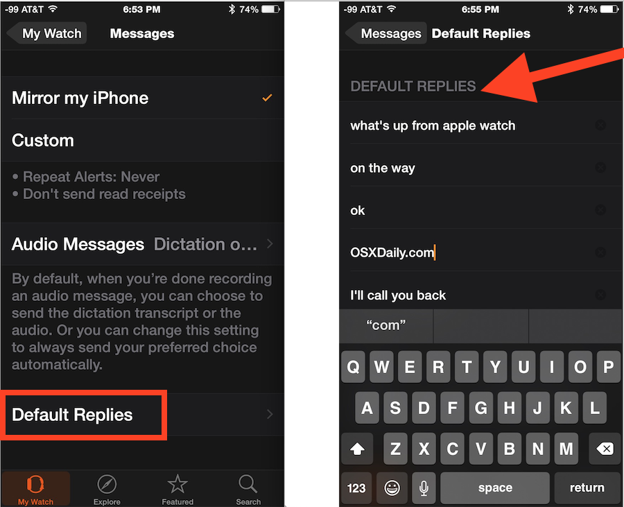 Как изменить пользовательские сообщения быстрого ответа на Apple Watch