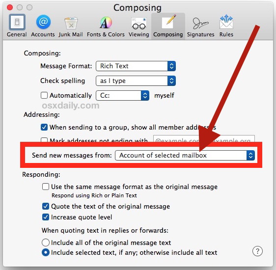 Установить адрес электронной почты по умолчанию в Mail для Mac
