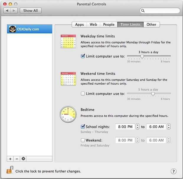 Установите ограничения времени использования компьютера в Mac OS X