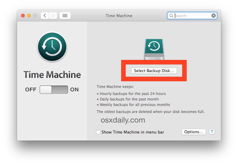 Настройка резервных копий Time Machine в OS X путем выбора целевого диска Time Machine