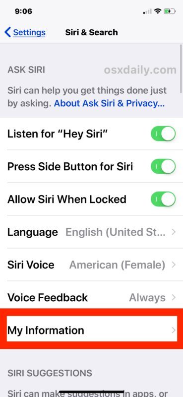Установить мою информацию с Siri в iOS