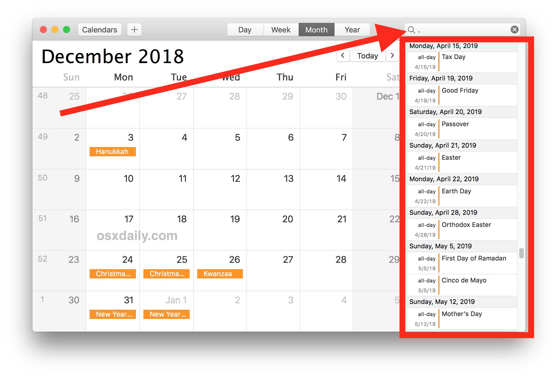 Показать список календаря на Mac