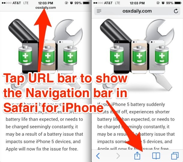 Показать панель навигации и кнопки в Safari для iPhone