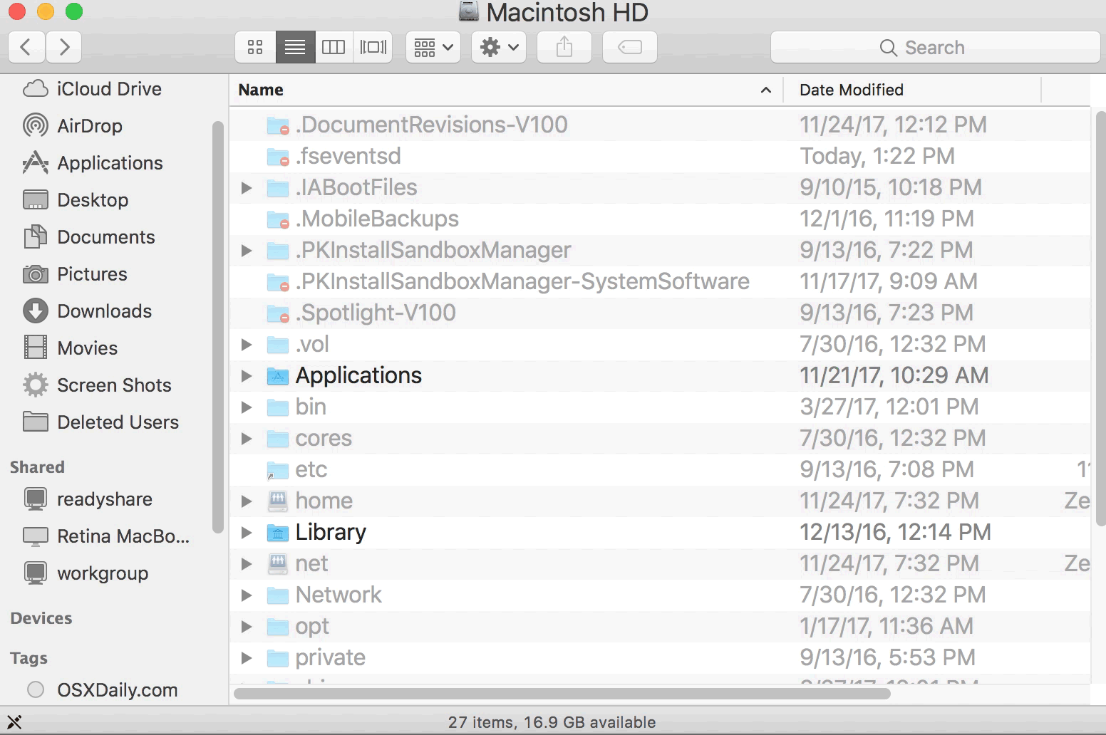 Показать и скрыть скрытые файлы с ярлыком клавиатуры на Mac, как показано в анимированном GIF
