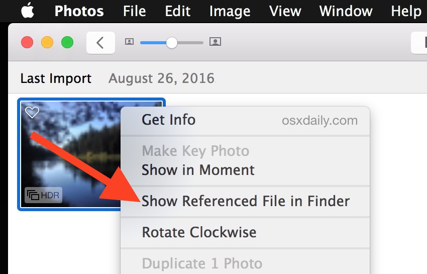Показать связанный файл в приложении Finder from Photos из Mac OS X