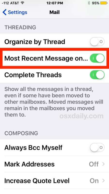 iOS Mail threading показывает последние сообщения сверху