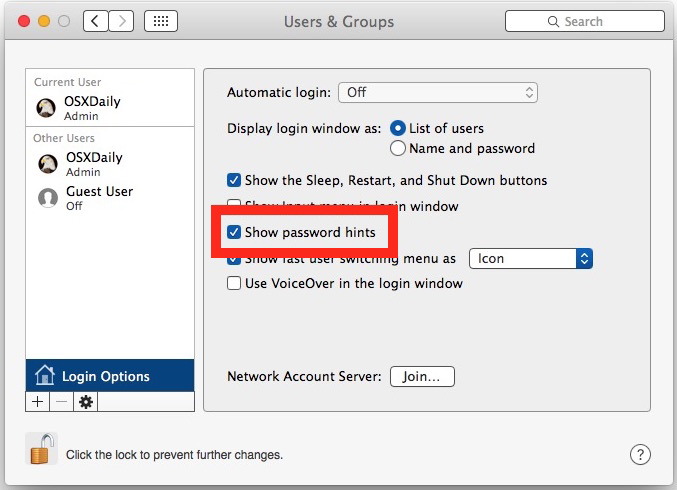 Показывать подсказки пароля на экранах входа в Mac OS X