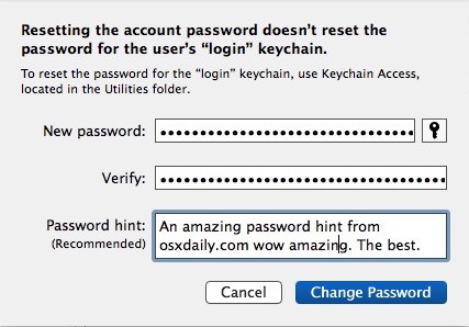 Настройка подсказки пароля в Mac OS X для учетной записи пользователя