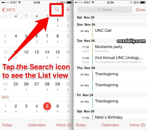 Показать представление списка в приложении «Календарь» для iOS