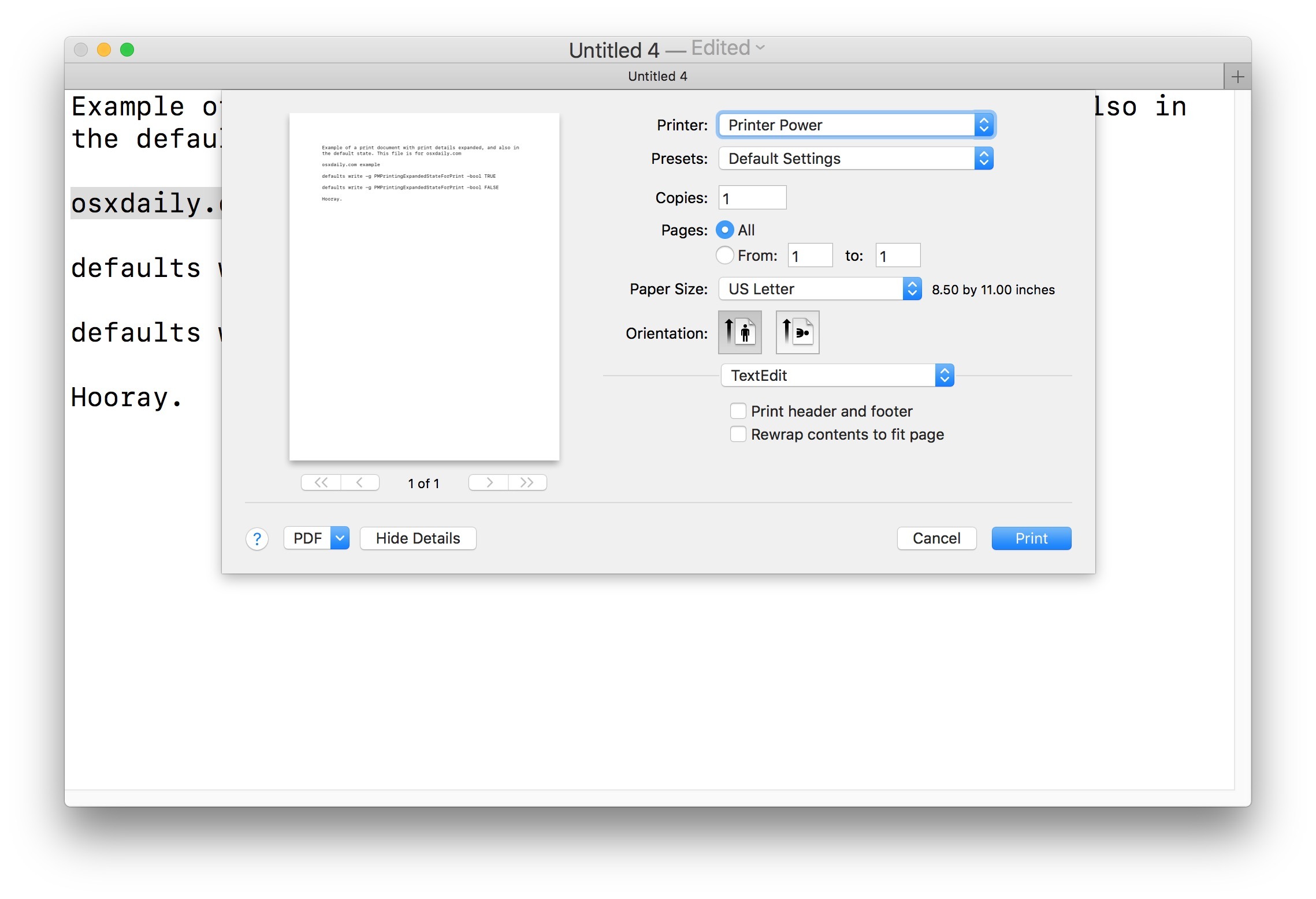 Как показать расширенный диалог печати всегда в Mac OS