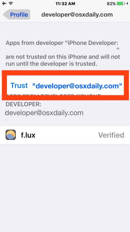 Доверяйте учетной записи разработчика, добавленной в приложения для боковой загрузки, на устройство iOS