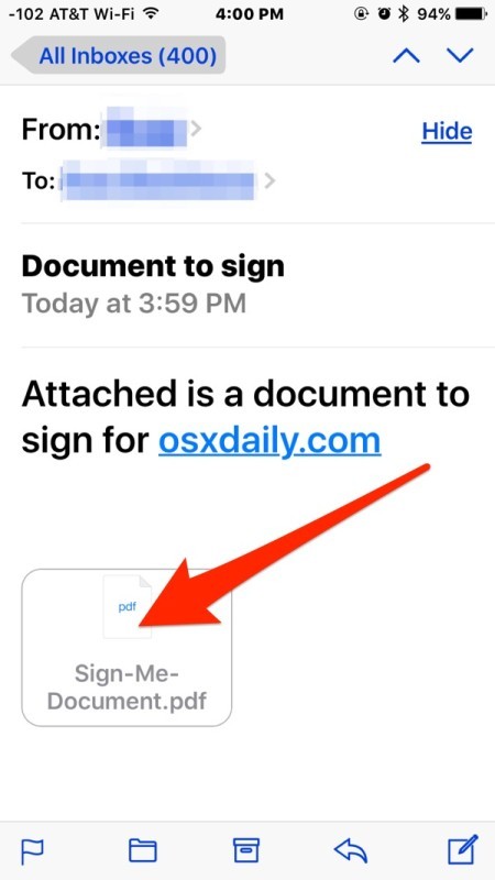 Откройте документ для входа в приложение iOS Mail