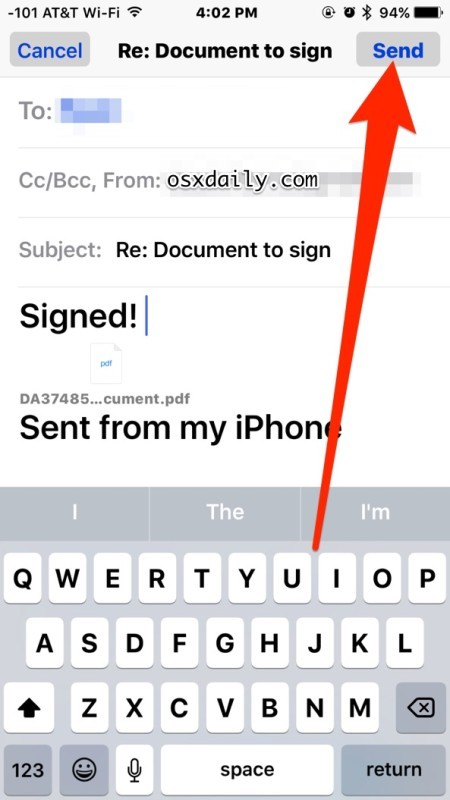 Подписанный документ вставлен обратно в электронную почту, отправьте приложение iOS Mail