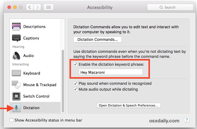 Включить диктовку с помощью голосовой команды в Mac OS X
