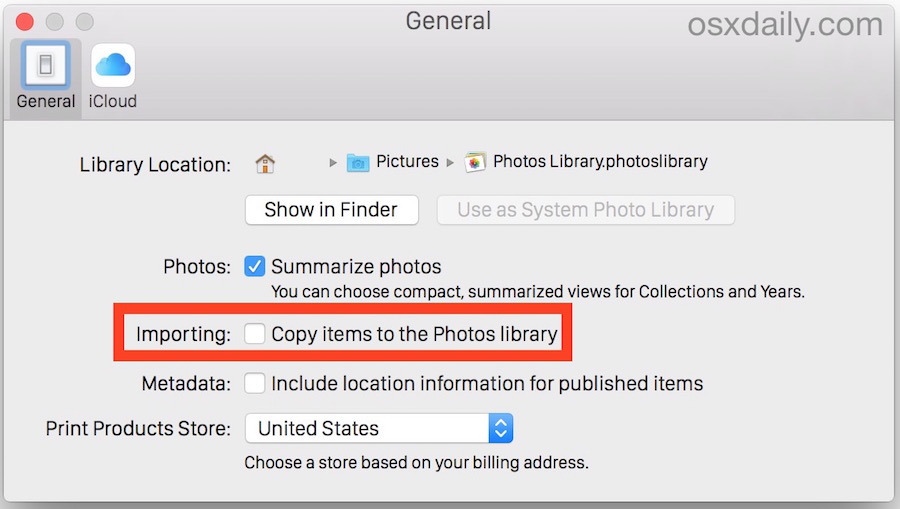 Отключить функцию импорта фотографий для прекращения копирования изображений в Библиотеку фотографий в OS X