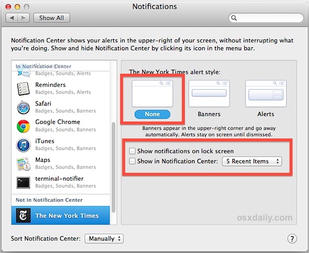 Отключить уведомления веб-сайта в OS X