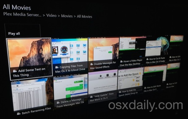 Список фильмов, увиденный на сервере Plex на Mac, как видно на Xbox One