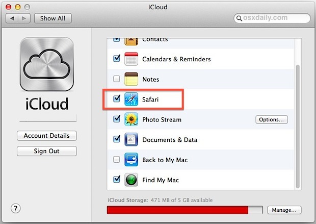 Включить синхронизацию синхронизации в iCloud & Safari для Mac OS X