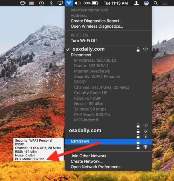 Проверьте другие диапазоны мод 802.1 сети Wi-Fi от Mac