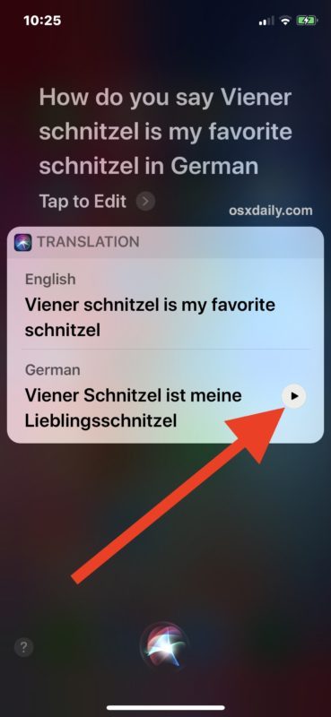 Повторить перевод языка с помощью Siri в iOS