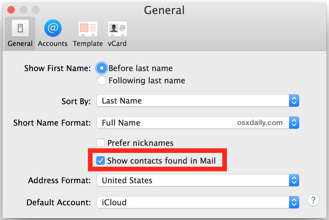 Отключить контакты, найденные в Mail в Mac OS X