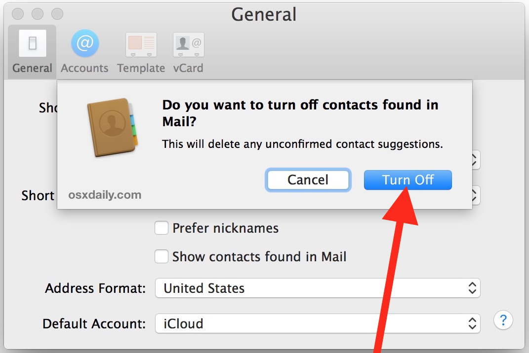 Подтвердите, чтобы отключить подсказки контактов, найденные в Mail для Mac OS X