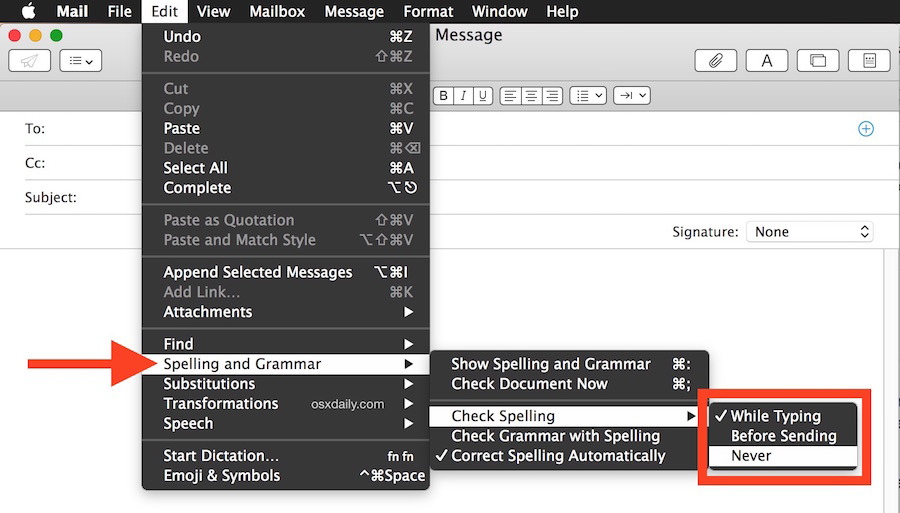 Отключить проверку орфографии в приложении Mail для Mac OS X