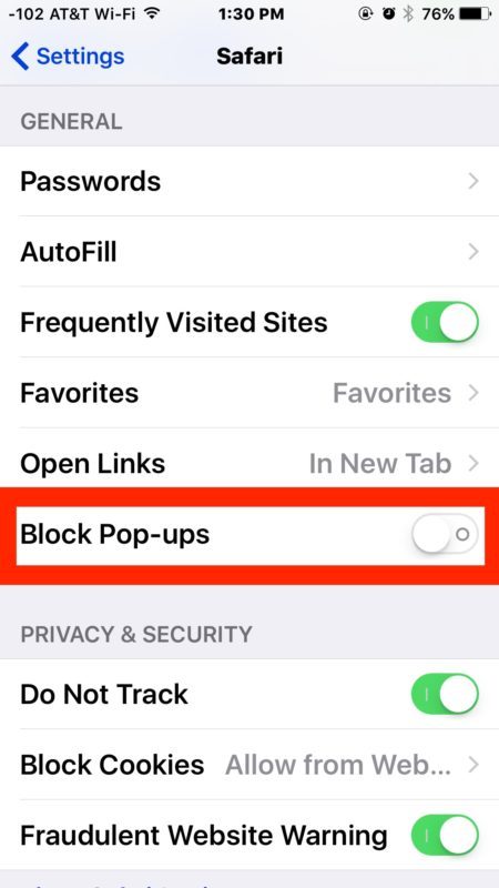 Включить или отключить блокировщик всплывающих окон Safari в iOS