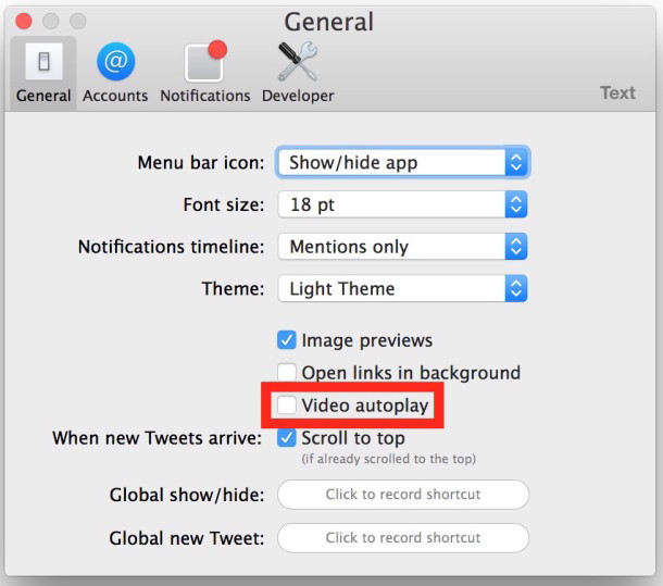 Отключить видео с автовоспроизведением Twitter в Mac OS X