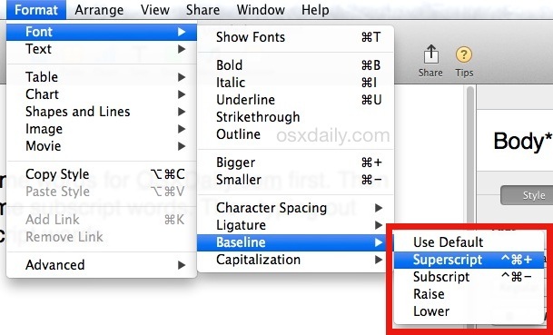 Введите надстрочный индекс или текст подстроки в приложении Mac OS X Pages
