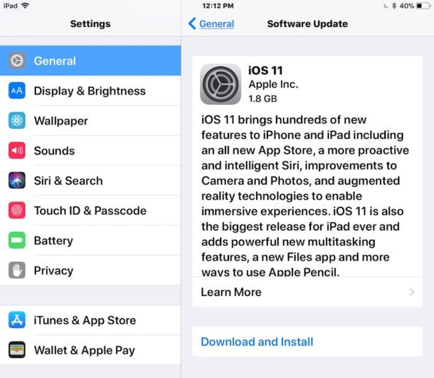 Обновление iOS 11 может быть установлено в Software Update